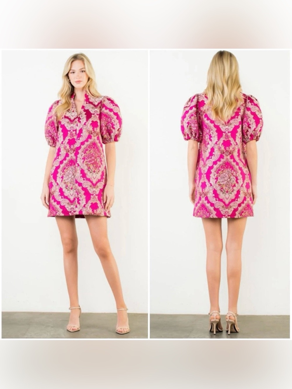 NWT THML Rosalia Puff Sleeve Floral Embroidery Mini Dress Womens L Pink Baroque